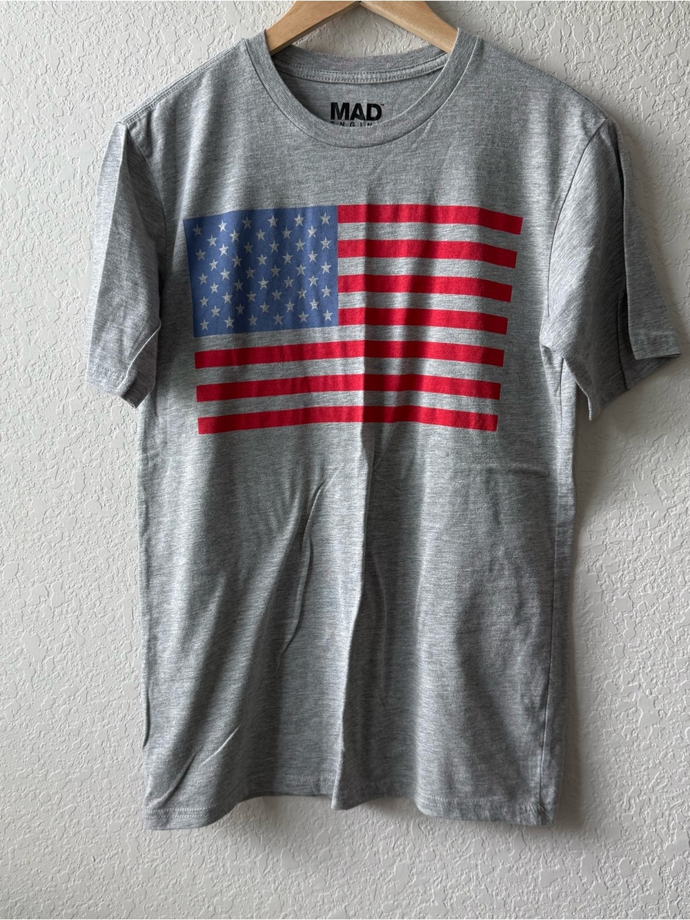 MAD Engine Short Sleeve Gray Tee with Red & Blue Flag Print